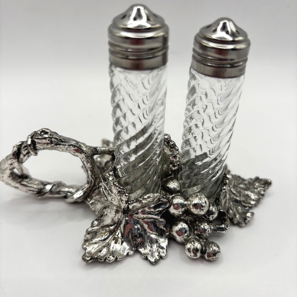 Arthur Court 1998 Grape Leaf Pewter Salt and Pepper Shaker Set Glass Twist Tall